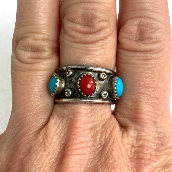 VTG Sterling Silver 925 Southwest Style Turquoise Coral 3 Stone Wide Band Ring - Picture 2 of 16